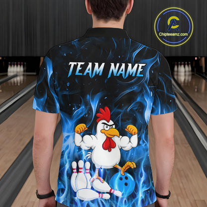 Custom Funny Blue Flames Chicken Bowling Shirt for Men Bowling Jersey Polo & 1/4-Zip QZT1252