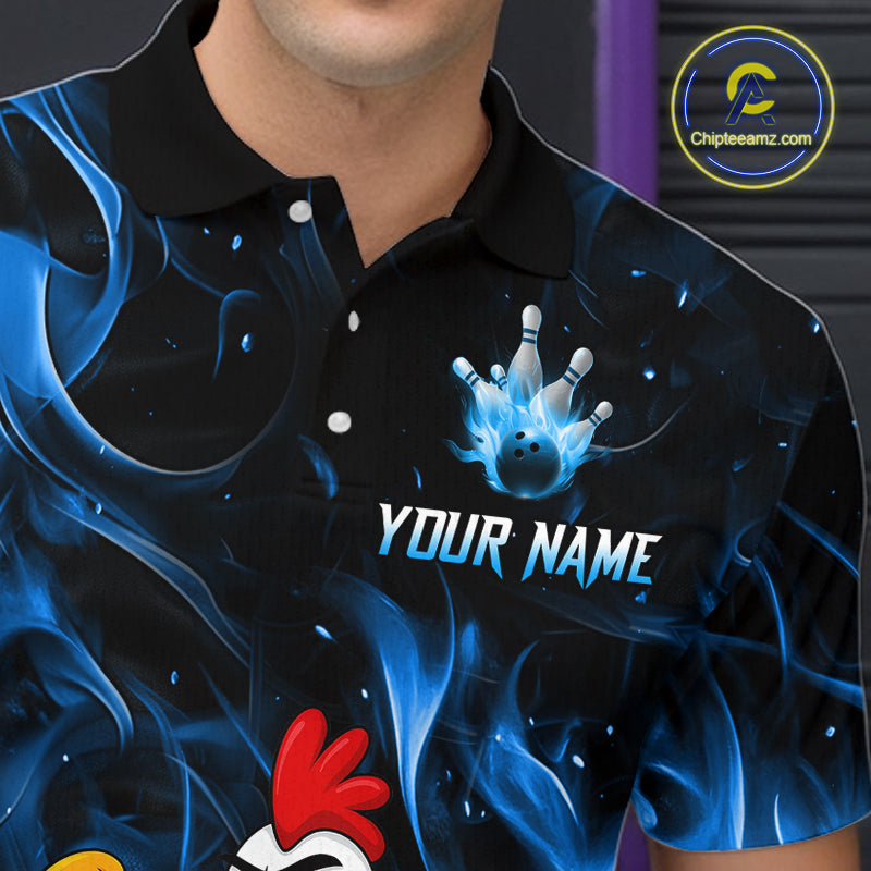 Custom Funny Blue Flames Chicken Bowling Shirt for Men Bowling Jersey Polo & 1/4-Zip QZT1252