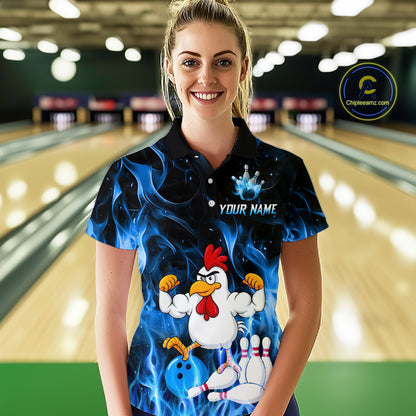 Custom Funny Blue Flames Chicken Bowling Shirt for Women Bowling Jersey Polo & 1/4-Zip QZT1252