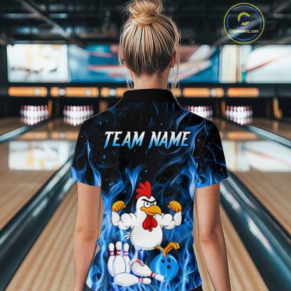 Custom Funny Blue Flames Chicken Bowling Shirt for Women Bowling Jersey Polo & 1/4-Zip QZT1252