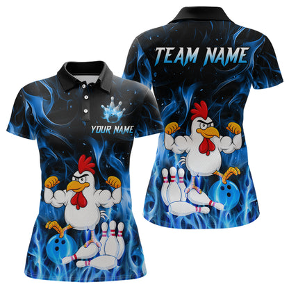 Custom Funny Blue Flames Chicken Bowling Shirt for Women Bowling Jersey Polo & 1/4-Zip QZT1252