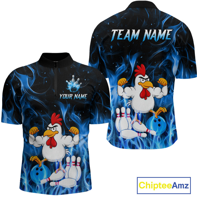 Custom Funny Blue Flames Chicken Bowling Shirt for Men Bowling Jersey Polo & 1/4-Zip QZT1252