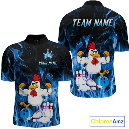 Custom Funny Blue Flames Chicken Bowling Shirt for Men Bowling Jersey Polo & 1/4-Zip QZT1252