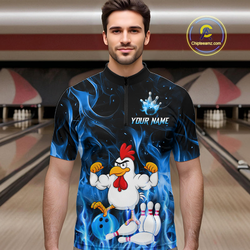 Custom Funny Blue Flames Chicken Bowling Shirt for Men Bowling Jersey Polo & 1/4-Zip QZT1252