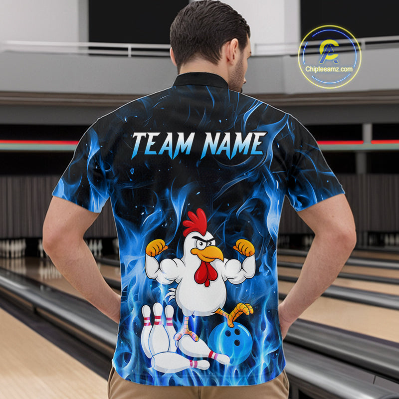 Custom Funny Blue Flames Chicken Bowling Shirt for Men Bowling Jersey Polo & 1/4-Zip QZT1252