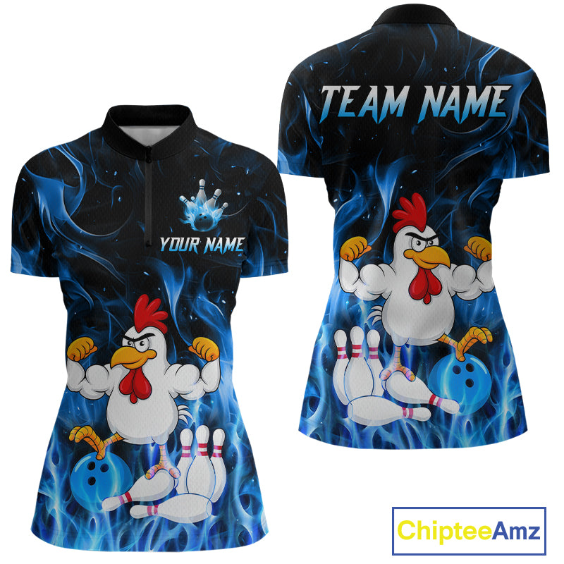 Custom Funny Blue Flames Chicken Bowling Shirt for Women Bowling Jersey Polo & 1/4-Zip QZT1252