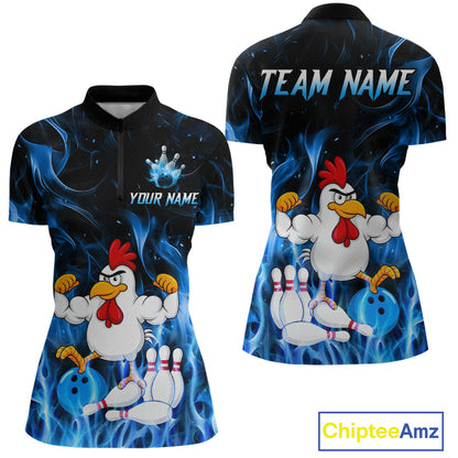 Custom Funny Blue Flames Chicken Bowling Shirt for Women Bowling Jersey Polo & 1/4-Zip QZT1252