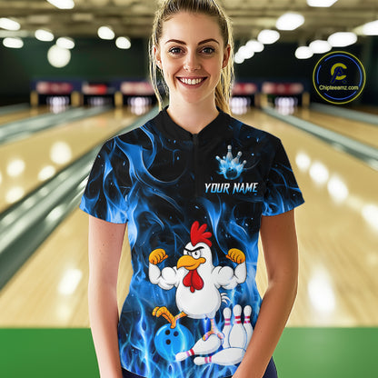 Custom Funny Blue Flames Chicken Bowling Shirt for Women Bowling Jersey Polo & 1/4-Zip QZT1252