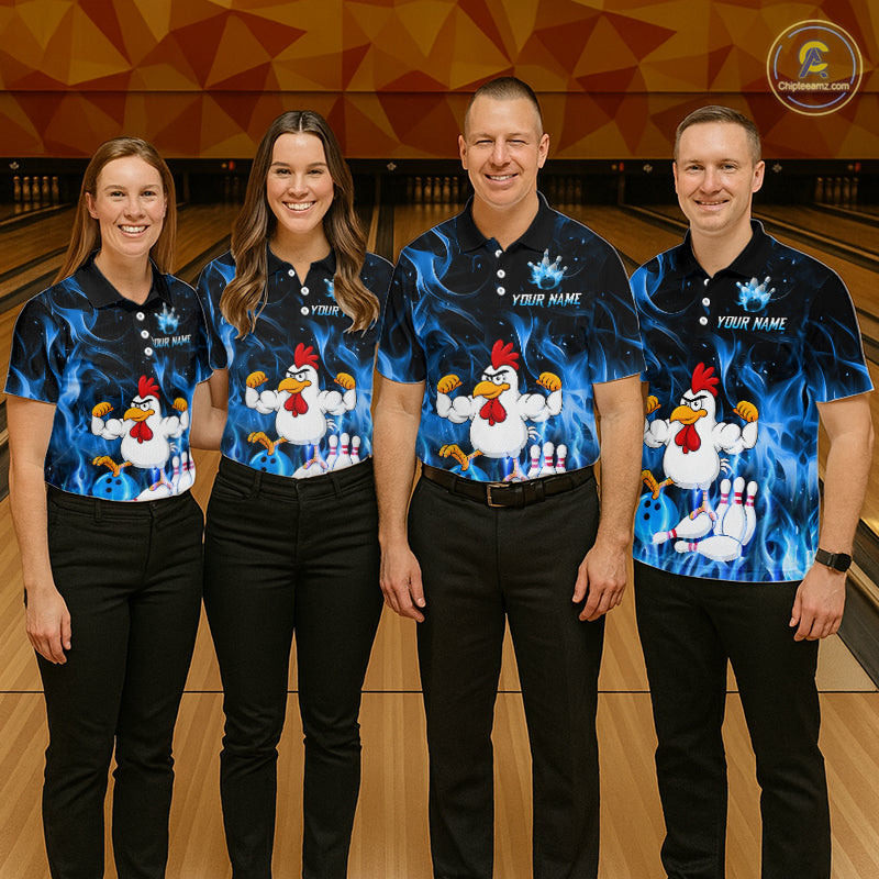 Custom Funny Blue Flames Chicken Bowling Shirt for Men Bowling Jersey Polo & 1/4-Zip QZT1252