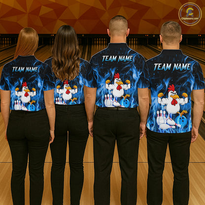 Custom Funny Blue Flames Chicken Bowling Shirt for Men Bowling Jersey Polo & 1/4-Zip QZT1252
