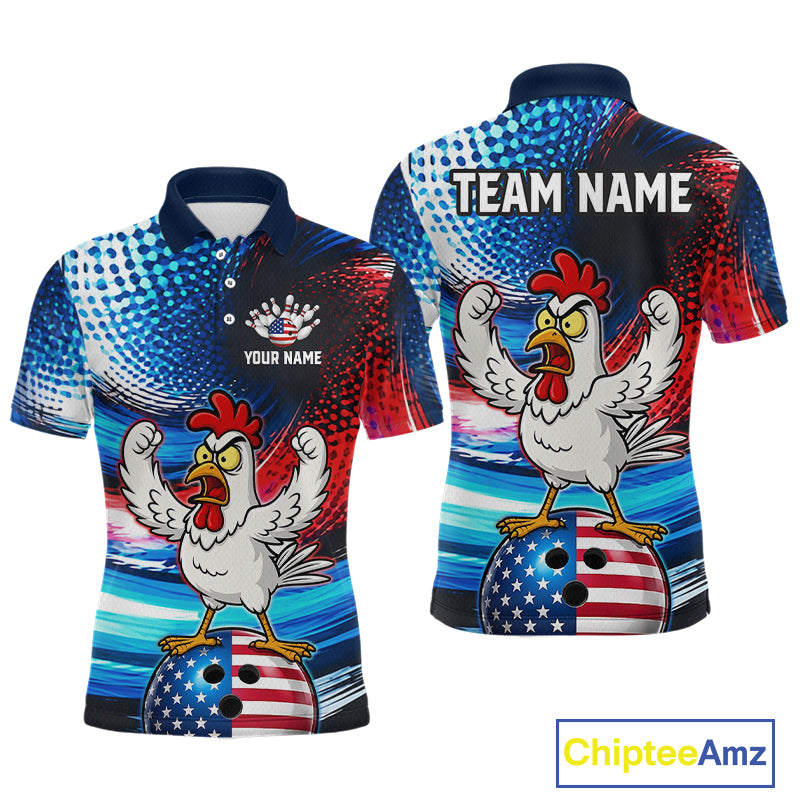 Custom American Flag Chicken Bowling Shirt for Men Funny Bowling Jersey Polo & 1/4-Zip QZT1254