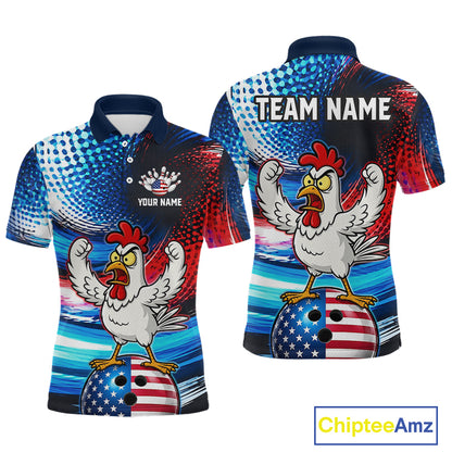 Custom American Flag Chicken Bowling Shirt for Men Funny Bowling Jersey Polo & 1/4-Zip QZT1254