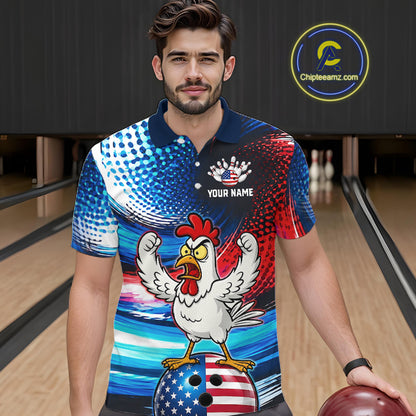 Custom American Flag Chicken Bowling Shirt for Men Funny Bowling Jersey Polo & 1/4-Zip QZT1254