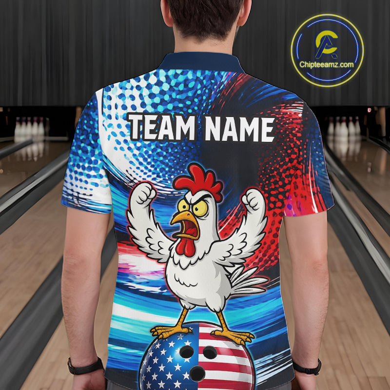 Custom American Flag Chicken Bowling Shirt for Men Funny Bowling Jersey Polo & 1/4-Zip QZT1254