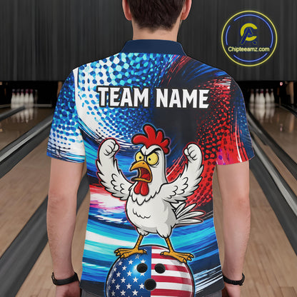 Custom American Flag Chicken Bowling Shirt for Men Funny Bowling Jersey Polo & 1/4-Zip QZT1254