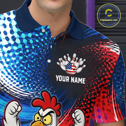 Custom American Flag Chicken Bowling Shirt for Men Funny Bowling Jersey Polo & 1/4-Zip QZT1254