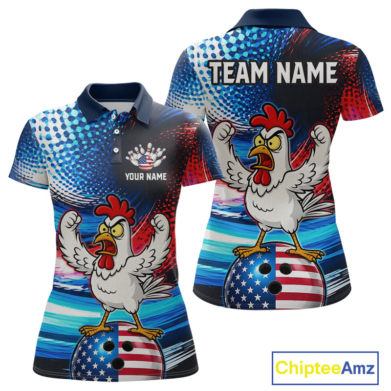 Custom American Flag Chicken Bowling Shirt for Women Funny Bowling Jersey Polo & 1/4-Zip QZT1254
