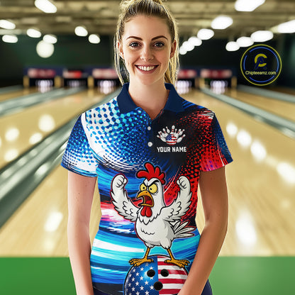 Custom American Flag Chicken Bowling Shirt for Women Funny Bowling Jersey Polo & 1/4-Zip QZT1254
