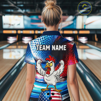 Custom American Flag Chicken Bowling Shirt for Women Funny Bowling Jersey Polo & 1/4-Zip QZT1254