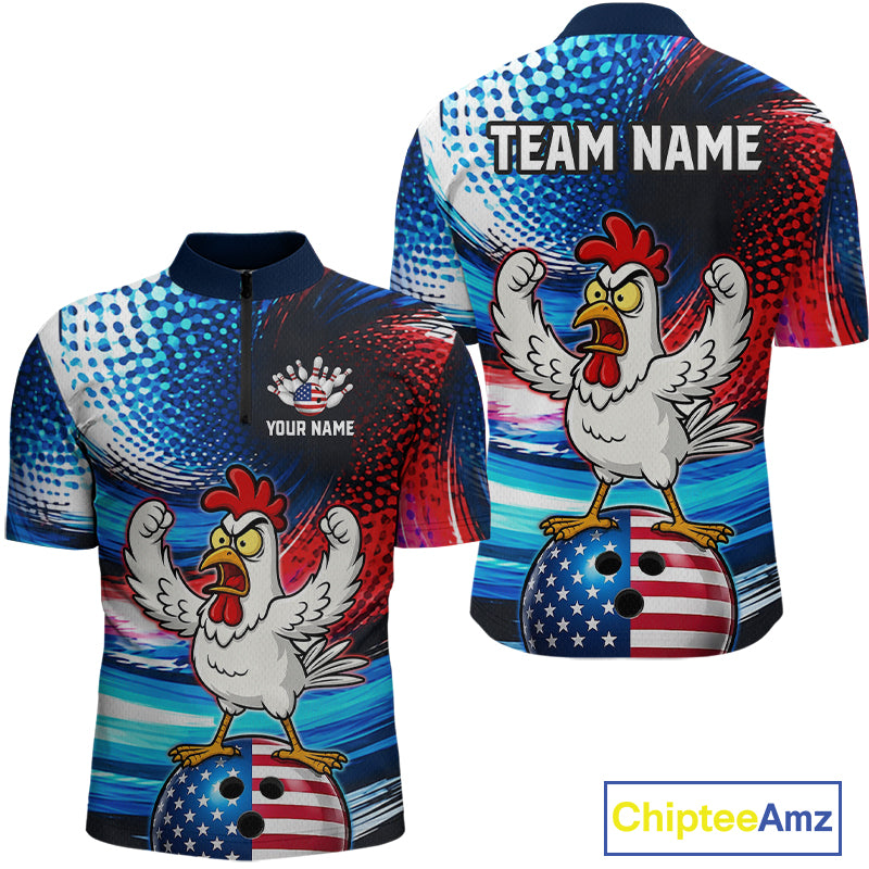 Custom American Flag Chicken Bowling Shirt for Men Funny Bowling Jersey Polo & 1/4-Zip QZT1254