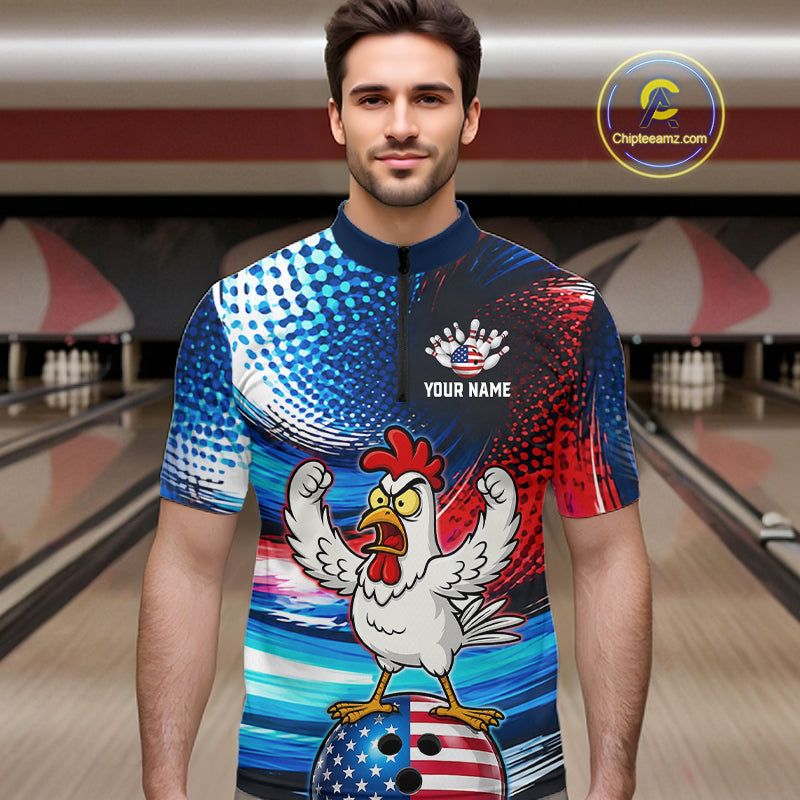Custom American Flag Chicken Bowling Shirt for Men Funny Bowling Jersey Polo & 1/4-Zip QZT1254