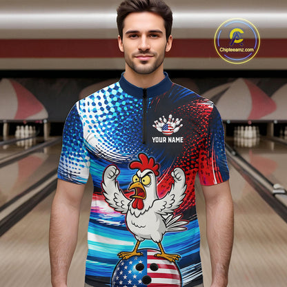 Custom American Flag Chicken Bowling Shirt for Men Funny Bowling Jersey Polo & 1/4-Zip QZT1254
