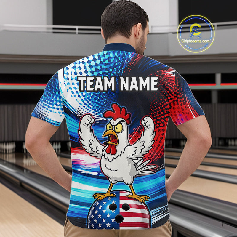 Custom American Flag Chicken Bowling Shirt for Men Funny Bowling Jersey Polo & 1/4-Zip QZT1254