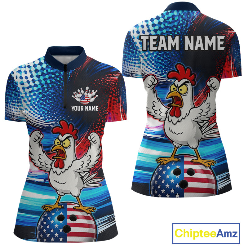 Custom American Flag Chicken Bowling Shirt for Women Funny Bowling Jersey Polo & 1/4-Zip QZT1254
