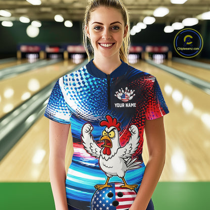 Custom American Flag Chicken Bowling Shirt for Women Funny Bowling Jersey Polo & 1/4-Zip QZT1254