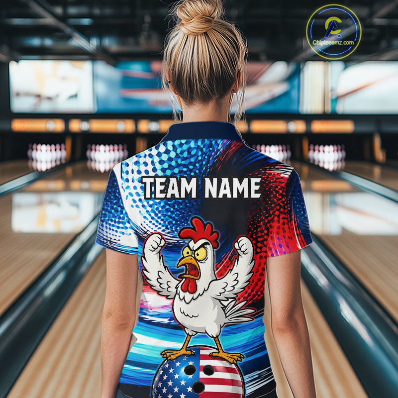 Custom American Flag Chicken Bowling Shirt for Women Funny Bowling Jersey Polo & 1/4-Zip QZT1254