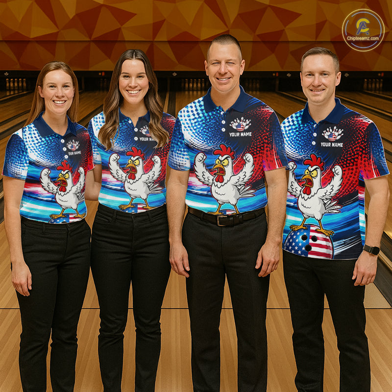 Custom American Flag Chicken Bowling Shirt for Men Funny Bowling Jersey Polo & 1/4-Zip QZT1254