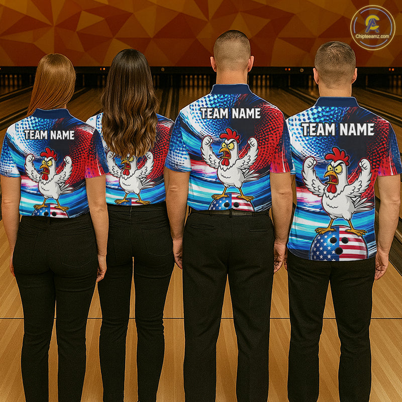 Custom American Flag Chicken Bowling Shirt for Men Funny Bowling Jersey Polo & 1/4-Zip QZT1254