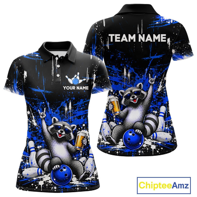 Custom Blue Funny Raccoon with Beer Bowling Shirts for Women Bowling Jersey QZT1328