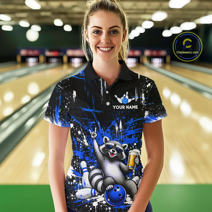 Custom Blue Funny Raccoon with Beer Bowling Shirts for Women Bowling Jersey QZT1328
