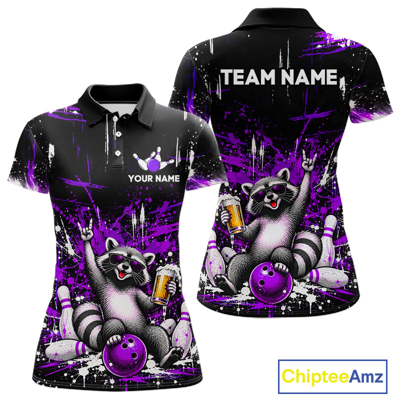Custom Purple Funny Raccoon with Beer Bowling Shirts for Women  Bowling Jersey QZT1328