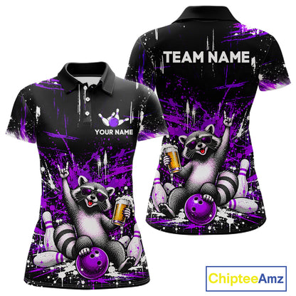 Custom Purple Funny Raccoon with Beer Bowling Shirts for Women  Bowling Jersey QZT1328