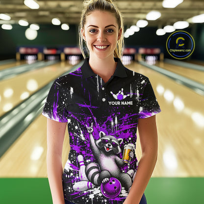 Custom Purple Funny Raccoon with Beer Bowling Shirts for Women  Bowling Jersey QZT1328