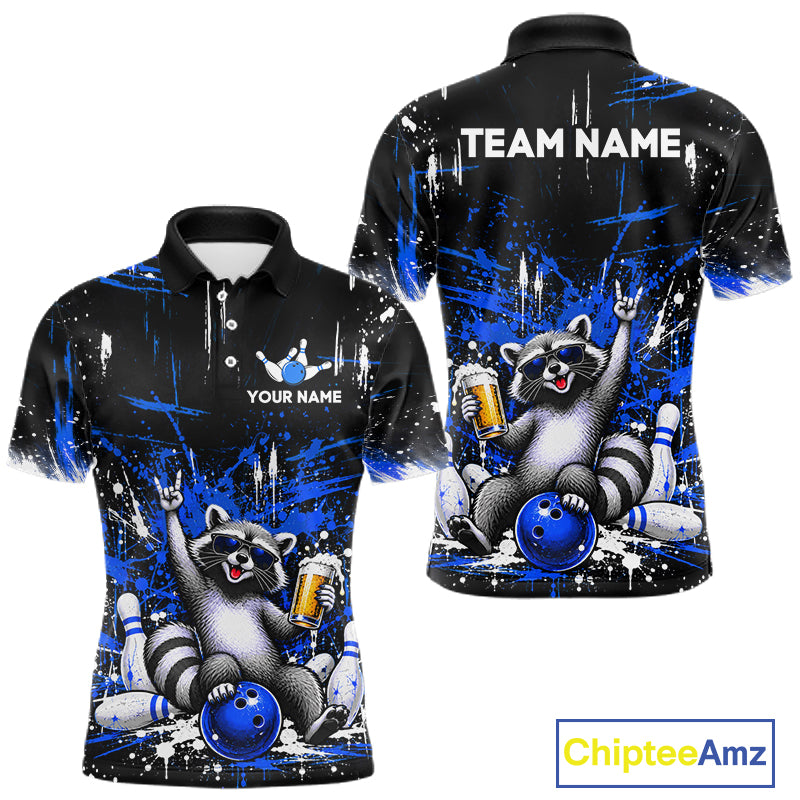 Custom Blue Funny Raccoon with Beer Bowling Shirts for Men Bowling Jersey QZT1328