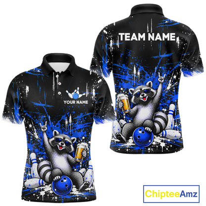 Custom Blue Funny Raccoon with Beer Bowling Shirts for Men Bowling Jersey QZT1328