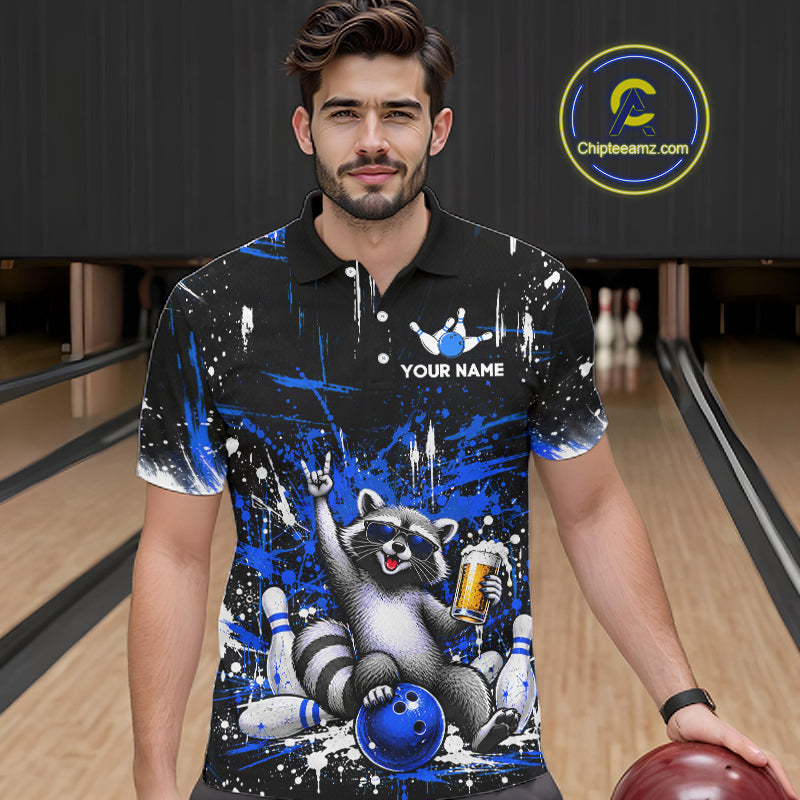 Custom Blue Funny Raccoon with Beer Bowling Shirts for Men Bowling Jersey QZT1328