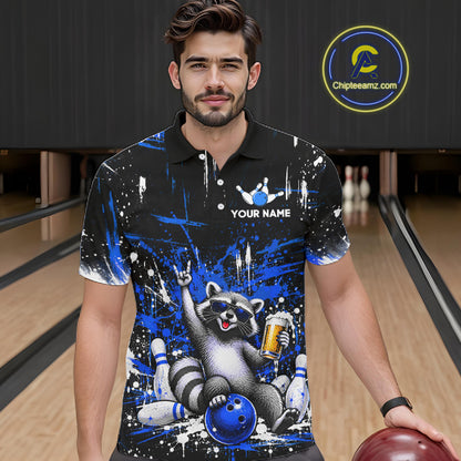 Custom Blue Funny Raccoon with Beer Bowling Shirts for Men Bowling Jersey QZT1328