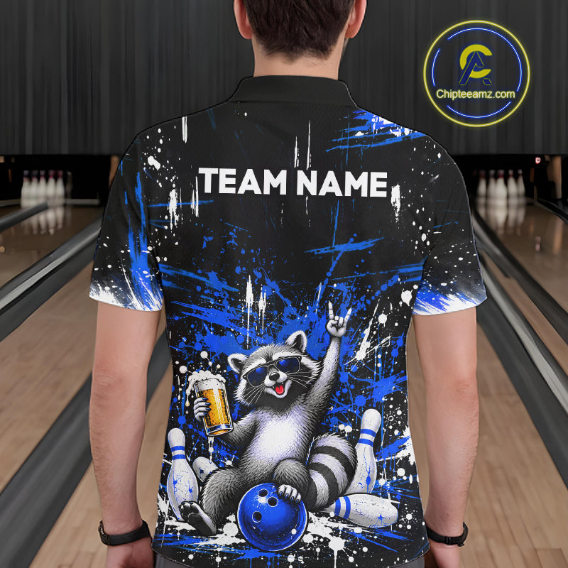 Custom Blue Funny Raccoon with Beer Bowling Shirts for Men Bowling Jersey QZT1328