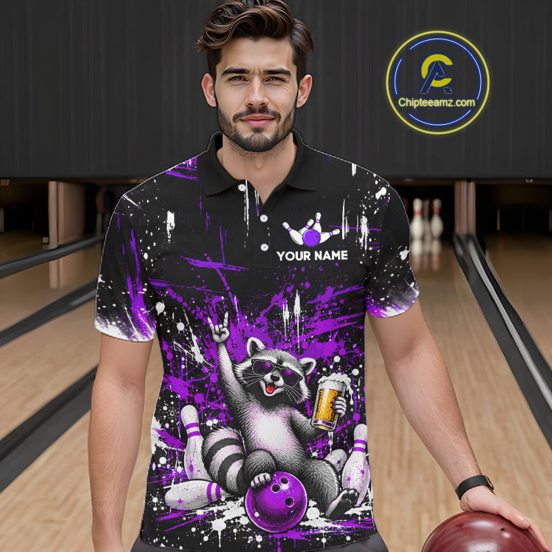 Custom Purple Funny Raccoon with Beer Bowling Shirts for Men  Bowling Jersey QZT1328