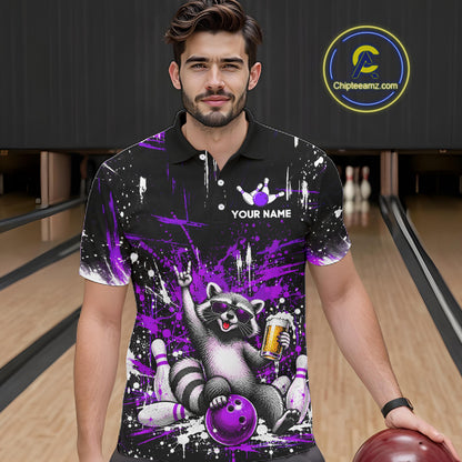 Custom Purple Funny Raccoon with Beer Bowling Shirts for Men  Bowling Jersey QZT1328