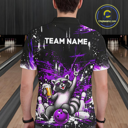 Custom Purple Funny Raccoon with Beer Bowling Shirts for Men  Bowling Jersey QZT1328