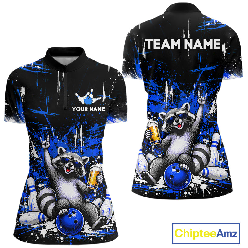 Custom Blue Funny Raccoon with Beer Bowling Shirts for Women Bowling Jersey QZT1328