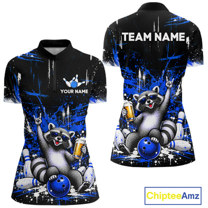 Custom Blue Funny Raccoon with Beer Bowling Shirts for Women Bowling Jersey QZT1328
