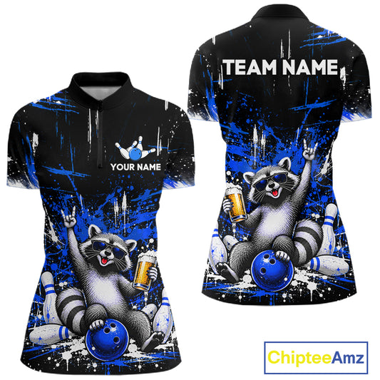 Custom Blue Funny Raccoon with Beer Bowling Shirts for Women Bowling Jersey QZT1328