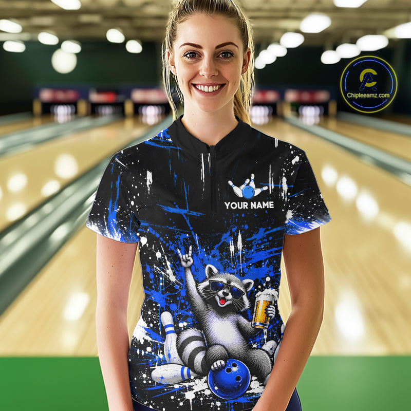 Custom Blue Funny Raccoon with Beer Bowling Shirts for Women Bowling Jersey QZT1328