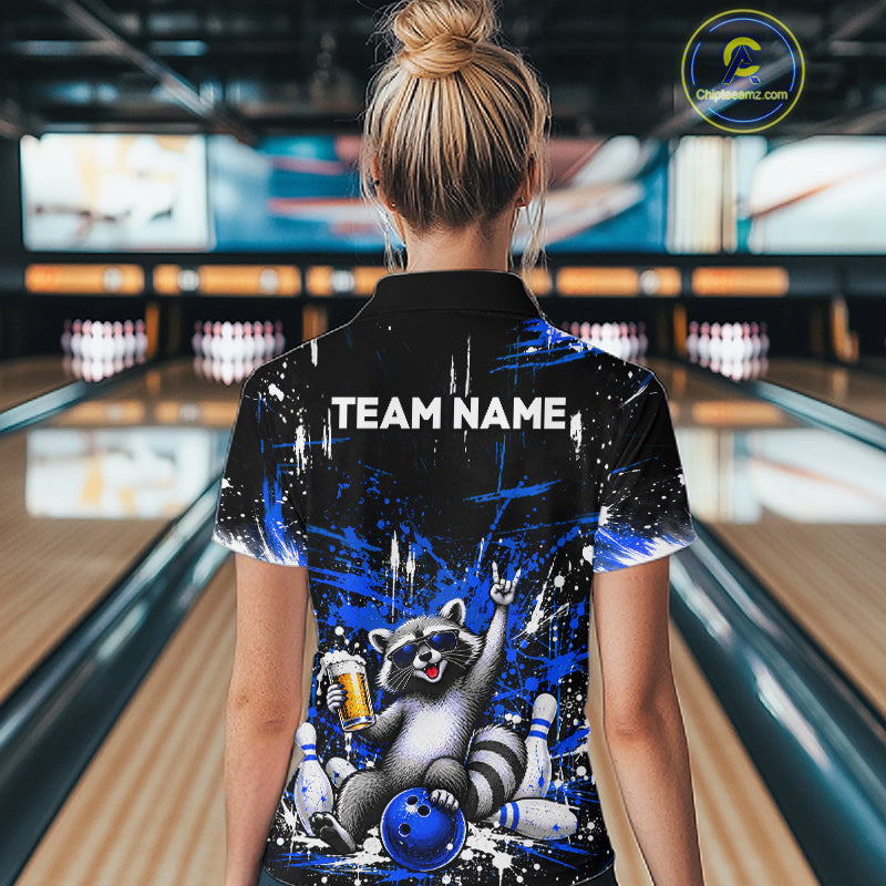 Custom Blue Funny Raccoon with Beer Bowling Shirts for Women Bowling Jersey QZT1328